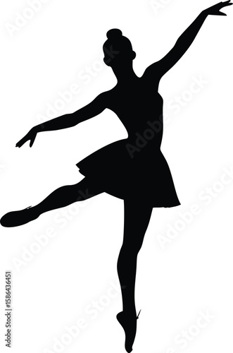 Silhouette of a ballerina in a tutu, gracefully performing a ballet pose with arms extended and one leg raised.