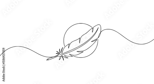 Minimalist single line outline vector of a feather with circle  