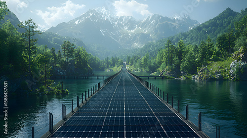 Solar-Powered EV Highway: A road embedded with photovoltaic cells, charging electric vehicles as they drive under a futuristic sky. Reduces carbon emissions with renewable energy infrastructure
