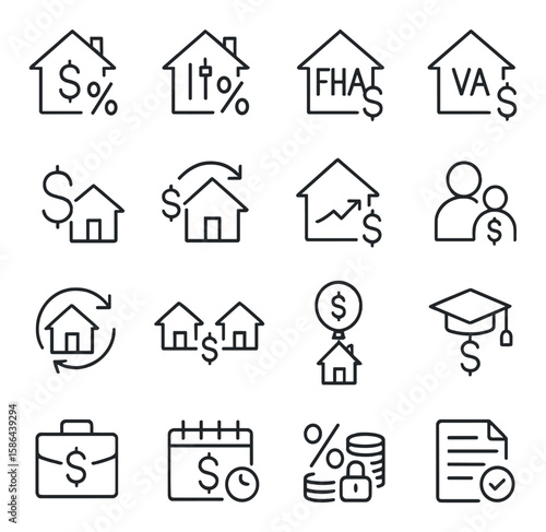 Loan icon collection. mortgage, refinance, interest, fha, va, calculator, bag, calendar, rate, payment linear