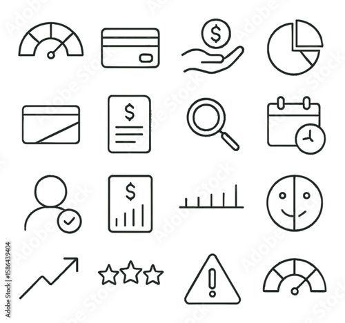 Credit rating icon collection. financial simple icons: credit card, chart, report, gauge