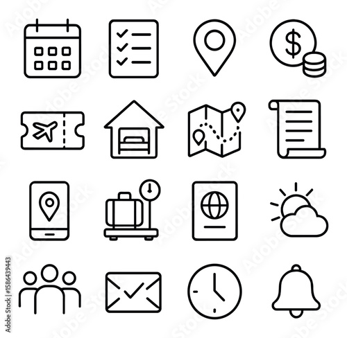 Travel icon collection: simple map, passport, calendar, flight, hotel, clock silhouettes