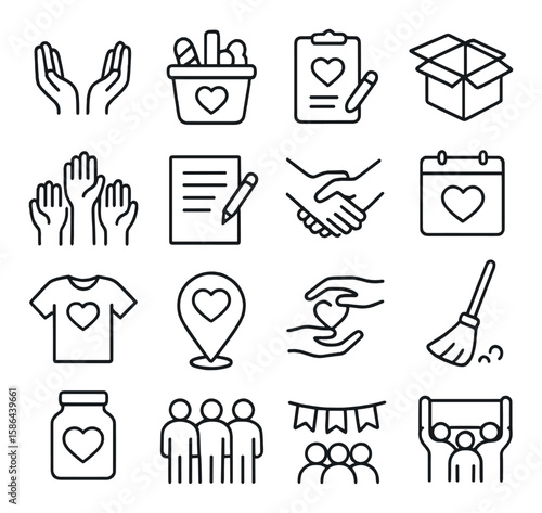 Volunteer support icon collection: simple linear charity, donation, heart, hands, calendar, t-shirt icons