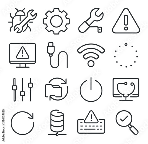 Technical icon collection. essential line icons for tech. bug, gear, cable, network, sync, database, magnifier