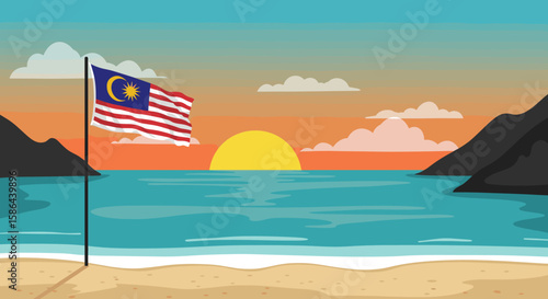 A serene and picturesque beach scene featuring a large, waving Malaysian flag standing tall on the shore.