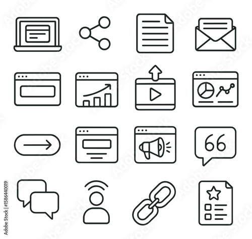 Minimalist digital icon collection. communication, data, document, message, analysis, marketing linear