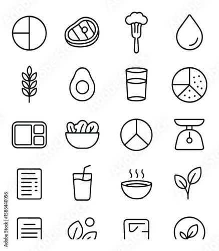 Balanced meal icon collection. minimalistic food, nutrition, diet, healthy eating linear