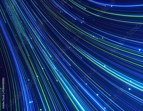 A futuristic background of glowing light blue and green lines, data particles flowing in the air. Streaming data. Data Flow	