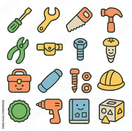 Children's toy toolkit icon collection. tool, wrench, drill, helmet, linear style