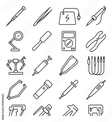 Electronics tool icon collection. simple tester, multimeter, pliers, tweezers, soldering iron