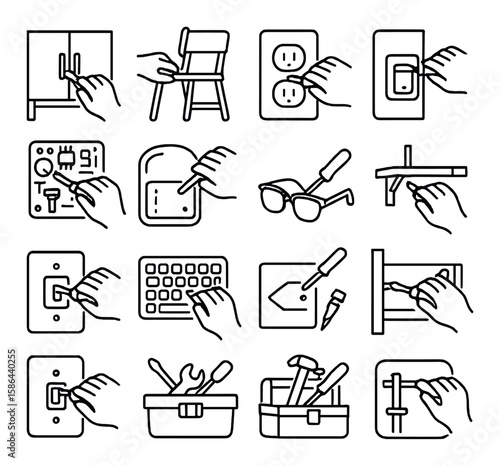 Hand gesture icon collection. home and tool uses linear hands, furniture, light, switch, screwdriver