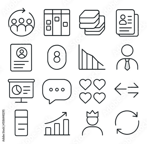Agile team icon collection: simple linear scrum, kanban, chart, profile, agile, communication