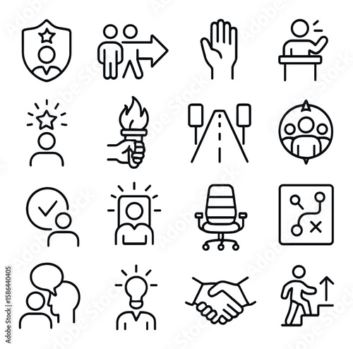 Team leadership icon collection. simple linear leader, handshake, strategy, goal, mentor