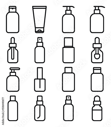 Cosmetic bottles icon collection: minimalistic linear skincare packaging, bottle, pump, dropper