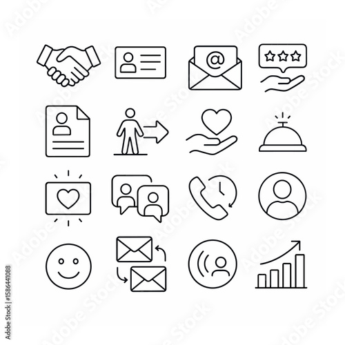 Client relations icon collection. communication, feedback, emails linear icons. handshake, envelope, rating, person