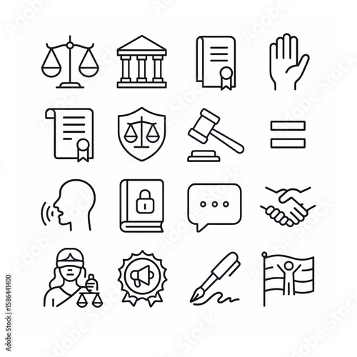 Justice and rights icon collection. legal linear icons: scales, gavel, handshake, court, badge