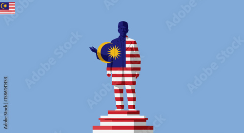 This image shows a statue of a figure, with the Malaysian flag draped over it, symbolizing national pride and the cultural significance of Malaysia.