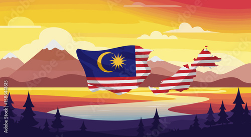  This image features a spiral effect created from alternating red and white stripes, with the blue section of the Malaysian flag prominently placed in the center. 