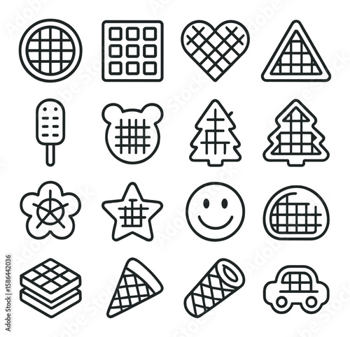 Waffle icon collection: minimalist linear waffle, ice cream, car, bear, tree, heart