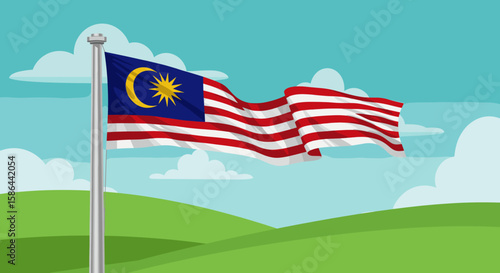 The Malaysian flag waves in the gentle breeze in a serene landscape.