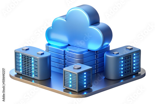 A digital illustration of a cloud computing setup with servers and a cloud on a platform surface on transparent background