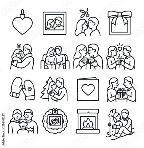Holiday love icon collection. romantic simple line art: heart, couple, gift, fireplace