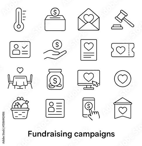 Fundraising icon collection. donation, charity, thermometer, heart, ticket, auction, linear
