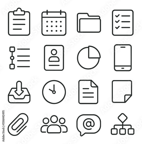 Office minimalist icon collection. task, calendar, folder, checklist linear, agenda, phone, clock, document, email