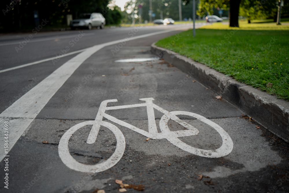 Fototapeta premium Bicycle lane symbol painted on urban asphalt road with white marking showing dedicated cycling path for eco friendly transportation safety and sustainable city mobility