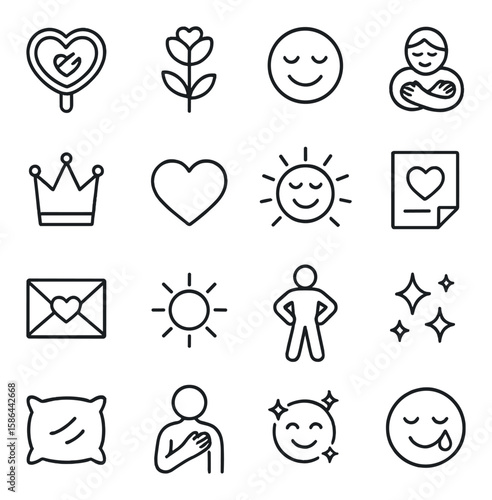 Self love icon collection. minimalistic linear icons: heart, sun, flower, hug, smile, crown