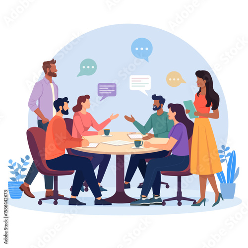 Flat vector illustration of a diverse business team having a discussion around a round table. People sharing ideas, working with documents and coffee. Modern teamwork, communication, collaboration