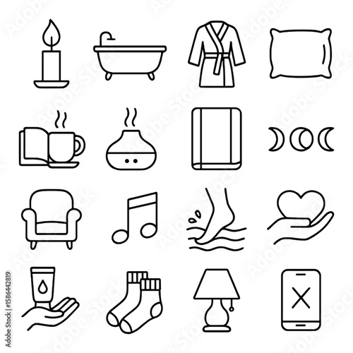 Self care icon collection: minimalistic linear relaxation. candle, bathtub, pillow, tea, music, foot massage, soul, phone,