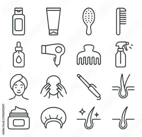 Hair care icon collection. minimal design. shampoo, comb, dryer, brush, serum