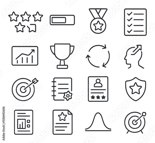 Performance icon collection: minimalist linear style. trophy, medal, graph, target,