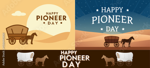 Happy Pioneer Day Historical Wagon and Horse Desert Landscape Scene in Vintage Western Style for Commemorative Poster Celebrating Pioneer Westward Heritage