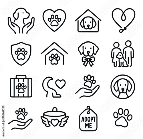 Rescue icon collection. dog rescue linear icons: paw, heart, shelter, adoption, love, family