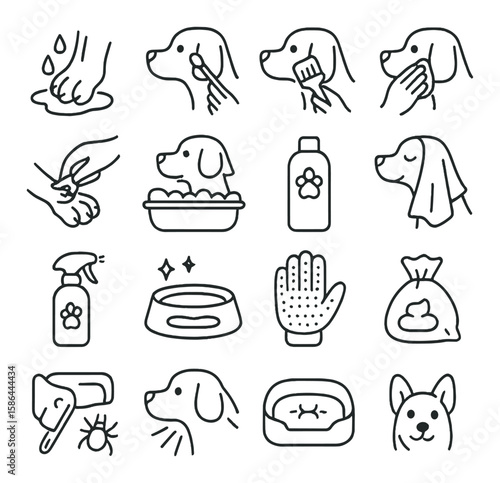 Dog grooming icon collection. pet care linear icons: bath, brush, scissors, shampoo, comb
