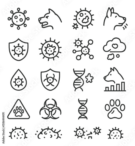 Dog virus icon collection. pet health simple dog, virus, paw, dna, cloud, biohazard