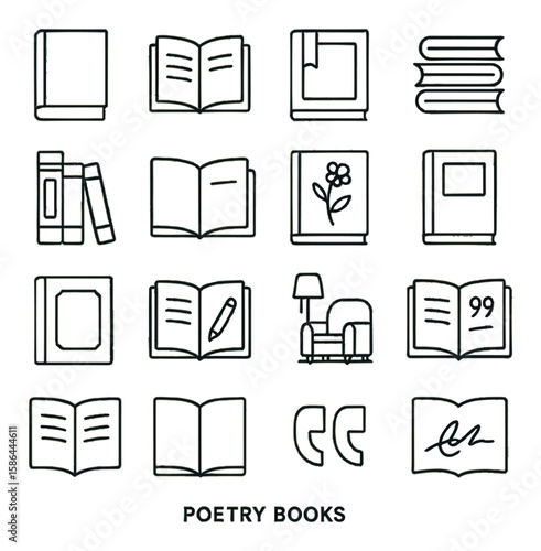 Minimalist poetry icon collection. simple compose, linear icons: book, flower, quotes, reading