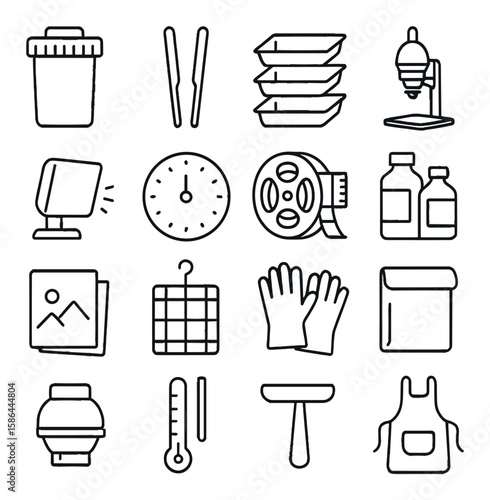 Darkroom icon collection. simple linear photography tools. timer, reel, tank, tray, tweezers, gloves, apron