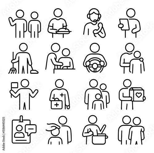 Volunteer role icon collection: simple linear set - teacher, helper, driver, support, care