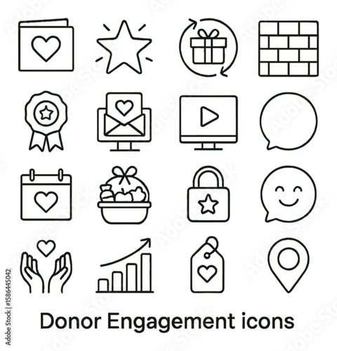Donor engagement icon collection: simple lineart icons. reward, mail, gift, security, calendar, badge