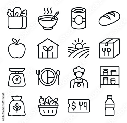 Food security icon collection. simple, linear icons: vegetable, soup, can, bread, apple, greenhouse, field, box, scale, plate, chef, shelf, sack, salad, money, bottle