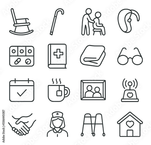 Elderly care icon collection. senior assistance simple icons. walker, nurse, hearing aid, house, calendar, glasses, book, tea, walker, handshake