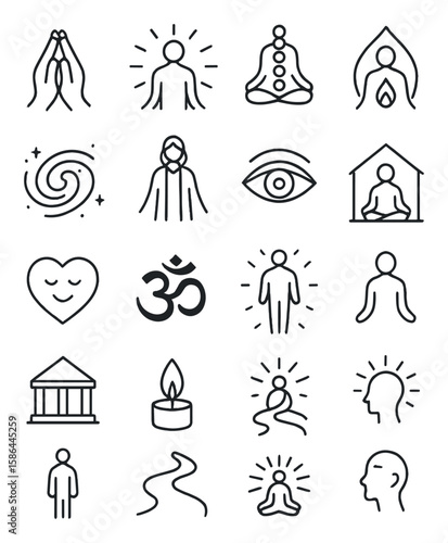 Spiritual icon collection. meditation, yoga, om, buddha, mindfulness symbols. simple