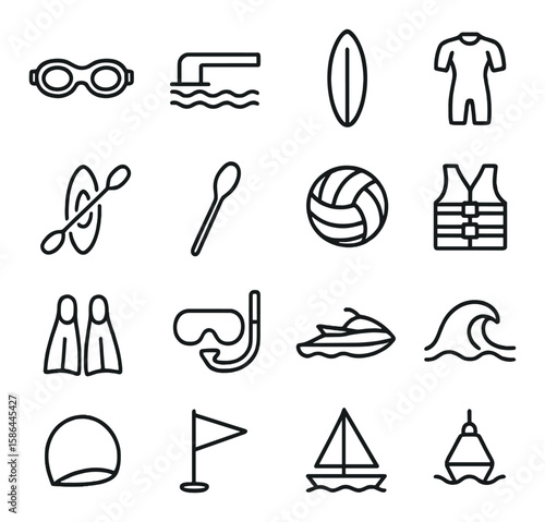Water sports icon collection. minimal water activities flat icons. goggles, kayak, surf, snorkel, sailboat