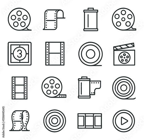 Film media icon collection. movie, reel, clapperboard, roll, filmstrip, play linear