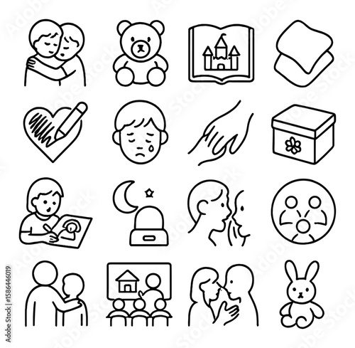 Children and grief icon collection. simple line art for emotions, support, loss, care. child, teddy, book, tissues, heart, cry, hand, box