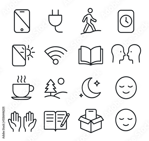 Digital detox icon collection. simple self-care and mindfulness icons. phone, unplug, walk, time, relax, read, connect, coffee, nature, sleep, meditate