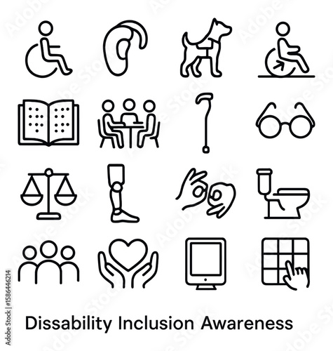 Inclusive icon collection: disability awareness linear icons. wheelchair, cane, braille, prosthetic, hearing, glasses, communication